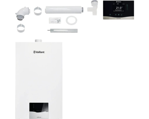 Vaillant ecoTEC plus Gas-Brennwertgerät mit Zubehör und Vaillant Logo