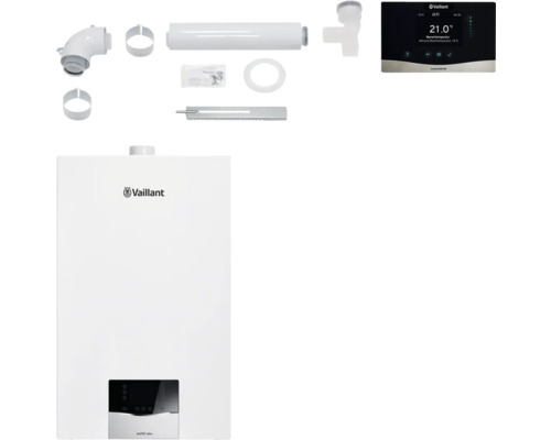 Vaillant ecoTEC plus Gas-Brennwertheizgerät mit Zubehör und Vaillant Logo