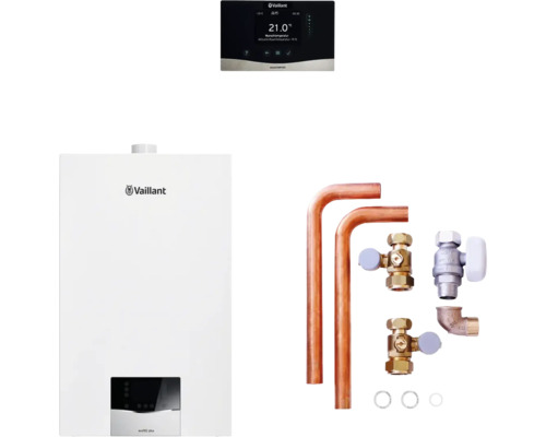 Vaillant ecoTEC plus Gas-Brennwerttherme mit Kupferrohren, Ventilen und Regler