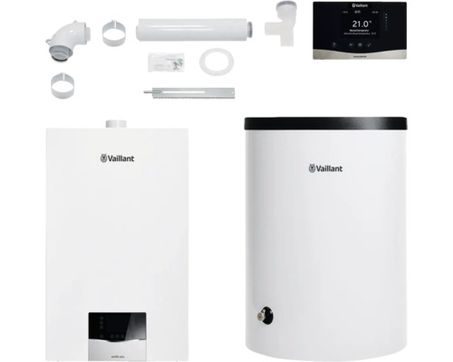 Vaillant Paket 1.18/2 Gas-Wandheizgerät ecoTEC plus VC 20 CS/1-5, Warmwasserspeicher uniSTOR plus VIH R 150/6 B, witterungsgeführter Regelung sensoCOMFORT VRC 720/3 und Luft-/Abgasführung starr 8000016620 Vaillant Heizungsanlage mit Zubehör und Regler