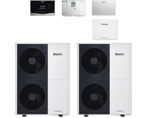 Vaillant aroTHERM plus Luft-Wasser-Wärmepumpe und zugehörige Steuerungselemente
