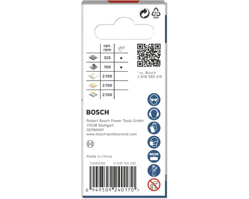 Bosch Verpackung mit Informationen zu optimalen Drehzahlen und Sicherheitshinweisen