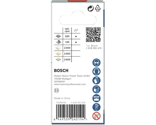 Bosch Verpackung mit Technischen Details, Sicherheitszeichen und Barcode