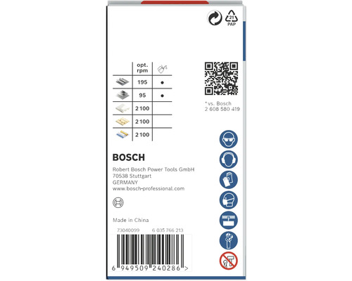 Verpackungsaufdruck mit Produktdetails, Sicherheitsinformationen, Bosch Logo und Barcode