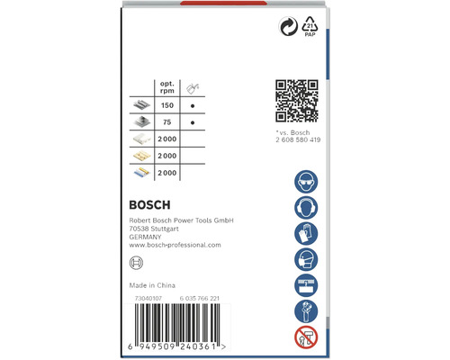 Informationen zur optimalen Drehzahl, Papierrecycling-Symbol, QR-Code, Sicherheitsausrüstungssymbole, Bosch Logo und Barcode