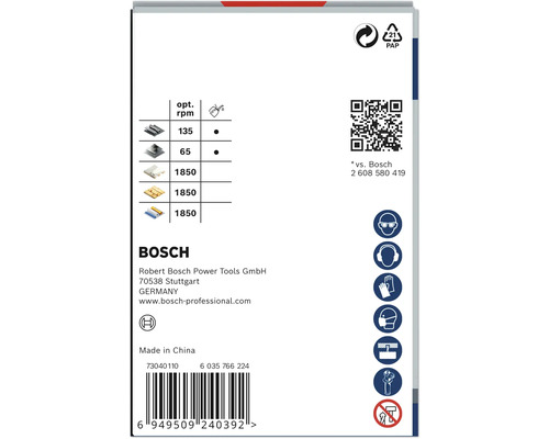 Verpackungsaufdruck mit Angaben zur optimalen Drehzahl, QR-Code, Recycling-Symbol, Produktsicherheitssymbolen und Bosch Logo.