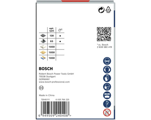 Informationen zum Bosch Produkt mit Angaben zur optimalen Drehzahl, Papierrecycling Symbol, QR-Code und Sicherheitshinweisen