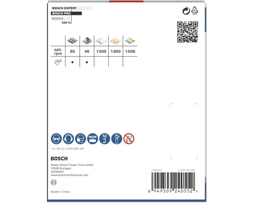 Bosch Expert Produktinformationen mit Angaben zu Umdrehungen pro Minute, Sicherheitsvorkehrungen und Produktdetails
