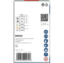 Bosch Logo. Papierverpackung mit Recycling Symbol. Tabelle der Umdrehungen pro Minute. Sicherheitsausrüstungssymbole.