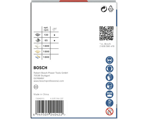 Bosch Produktverpackung mit Informationen zu Drehzahlen und Sicherheitshinweisen