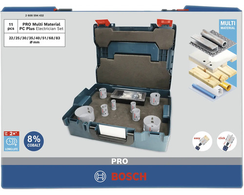 PC Plus Lochsägen-Set Bosch Pro Multi Material 22-83 mm 11 tlg. Bosch Pro Multi Material Lochsägen Set für Elektriker, elf Teile in geöffnetem Koffer