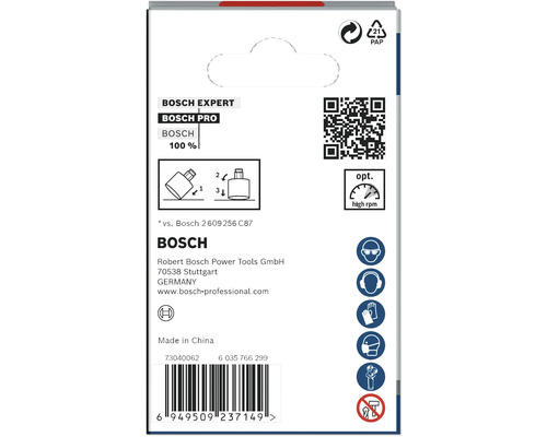 Bosch Expert Produktverpackungsrückseite mit Informationen zu Hersteller, Herkunft und Sicherheitshinweisen.