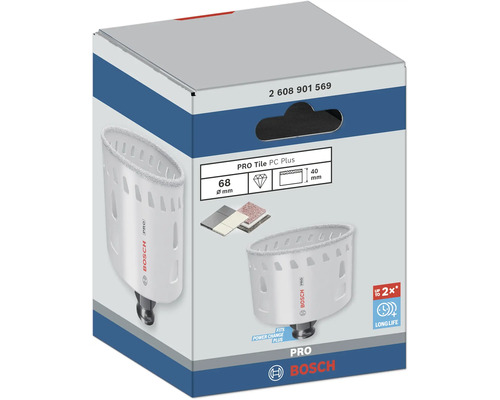 Bosch Pro Fliesenbohrkrone PC Plus, Durchmesser 68 Millimeter, maximale Bohrtiefe 40 Millimeter, Verpackung