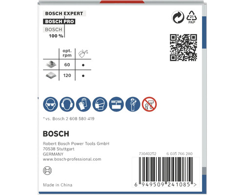 Produktverpackung mit Sicherheitsanweisungen und Herstellerinformationen von Bosch