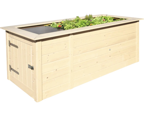 Hochbeet aus Holz mit Tür und Bepflanzung
