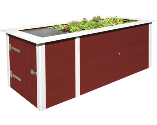 Hochbeet aus Holz mit Tür und Bepflanzung