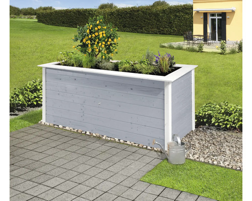 Hochbeet aus Holz mit Pflanzen und Zitrone im Garten