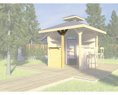 Gartenhaus mit Kühlregal und Barhockern auf einer Holzterrasse