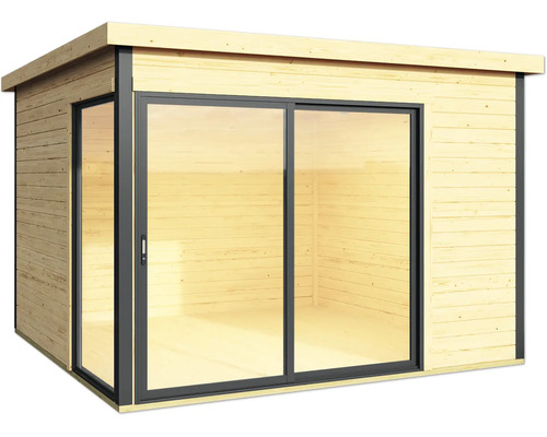 Holzgartenhaus mit Glasschiebetür