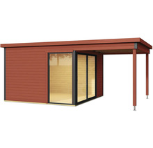 Gartenhaus mit Überdachung und Schiebetür aus Holz und Glas