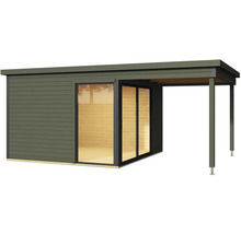 Modernes Gartenhaus mit Schiebetür und überdachter Terrasse