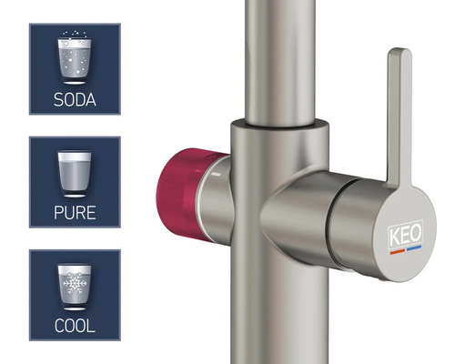 Armatur mit Soda-, Rein- und Kühlwasserfunktion und Keo Logo