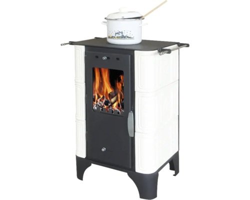 Kaminofen mit Kochplatte und brennendem Holz