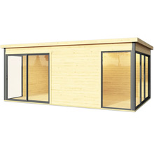 Holzgartenhaus mit Schiebetür und Fensterfront