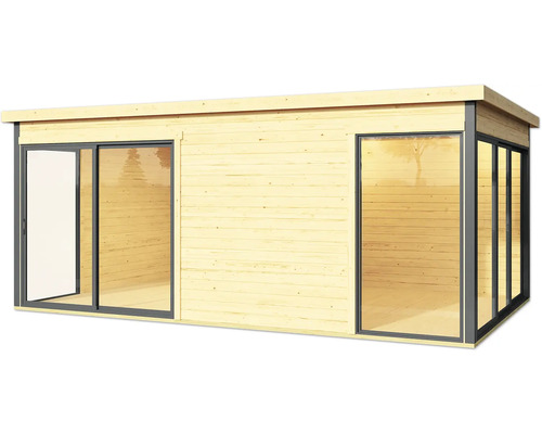 Holzgartenhaus mit Schiebetür und Fensterfront