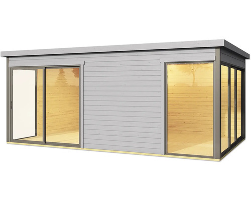 Holzgartenhaus mit Schiebetür und Fensterelementen