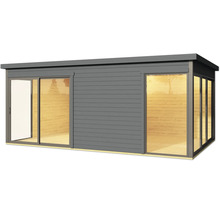 Modernes Gartenhaus mit Schiebetür und Fensterfront