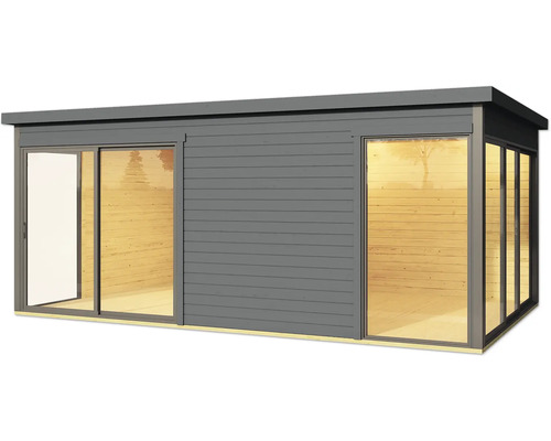 Modernes Gartenhaus mit Schiebetür und Fensterfront