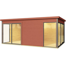 Modernes Gartenhaus mit Holzverkleidung und großen Fensterfronten