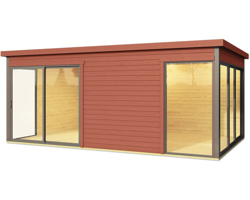 Modernes Gartenhaus mit Holzverkleidung und großen Fensterfronten