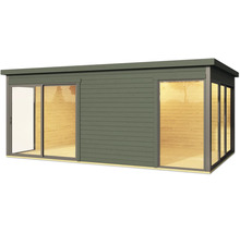 Modernes Gartenhaus mit Schiebetür und großzügigen Fensterfronten