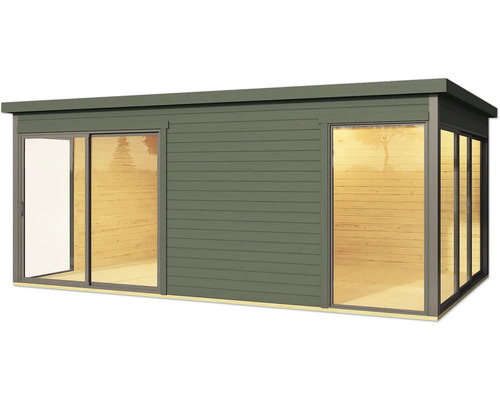 Modernes Gartenhaus mit Schiebetür und großzügigen Fensterfronten