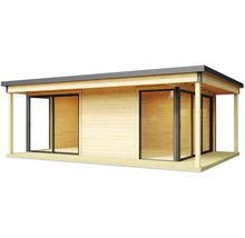 Holzgartenhaus mit Schiebetüren und überdachter Terrasse