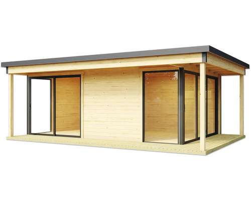 Holzgartenhaus mit Schiebetüren und überdachter Terrasse