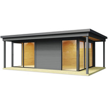 Modernes Gartenhaus mit Schiebetüren und Holzverkleidung