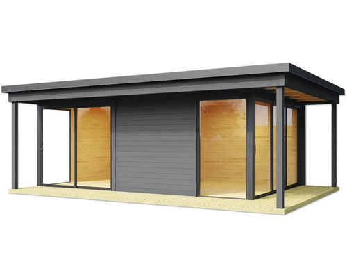 Modernes Gartenhaus mit Schiebetüren und Holzverkleidung