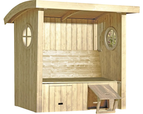 Holz-Gartenhaus mit ovalen Fenstern und integrierter Sitzbank