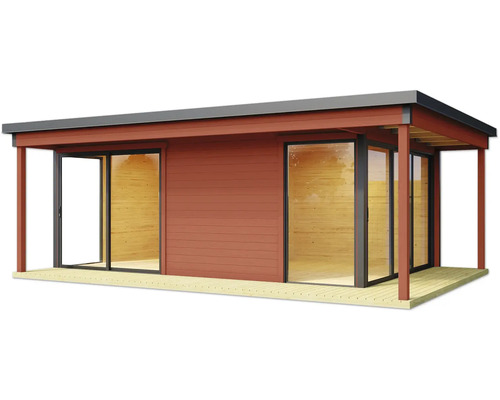 Gartenhaus mit Schiebetüren und überdachter Terrasse