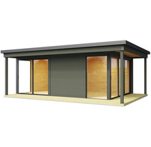 Modernes Gartenhaus mit Schiebetüren und Holzterrasse