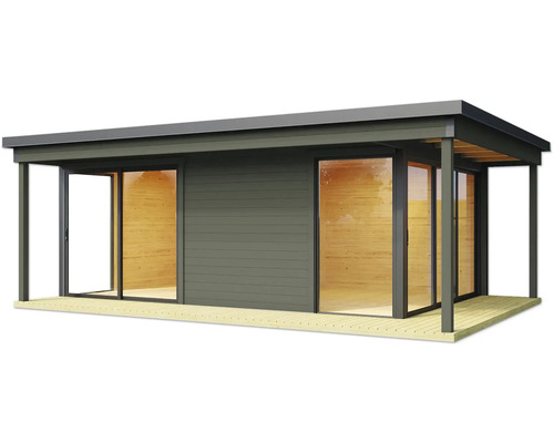 Modernes Gartenhaus mit Schiebetüren und Holzterrasse