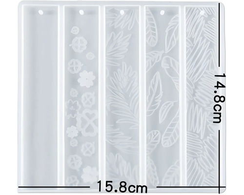Silikonform mit fünf rechteckigen Aussparungen zum Gießen von Lesezeichen mit verschiedenen Mustern, Größe 14,8 x 15,8 cm