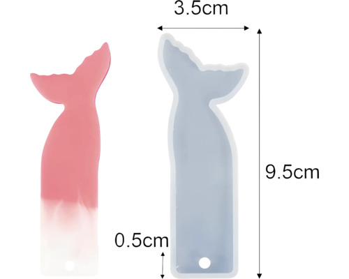 Zwei Lesezeichenformen in Fischschwanzform mit Größenangaben.