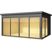 Gartenhaus mit Schiebetüren und Holzverkleidung