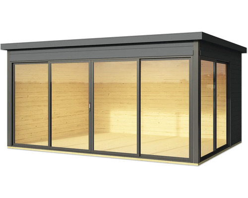 Gartenhaus mit Schiebetüren und Holzverkleidung