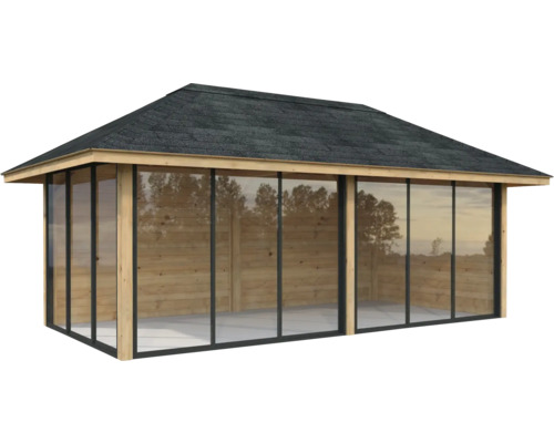 Pavillon Palmako Bianca Slide 16,6 m² Set 202 588 x 300 cm tauchgrundiert braun Freistehender Pavillon mit Holzrahmen, Glaswänden und Ziegeldach