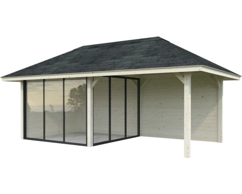 Gartenhaus mit Schiebetür und Dach aus Bitumen